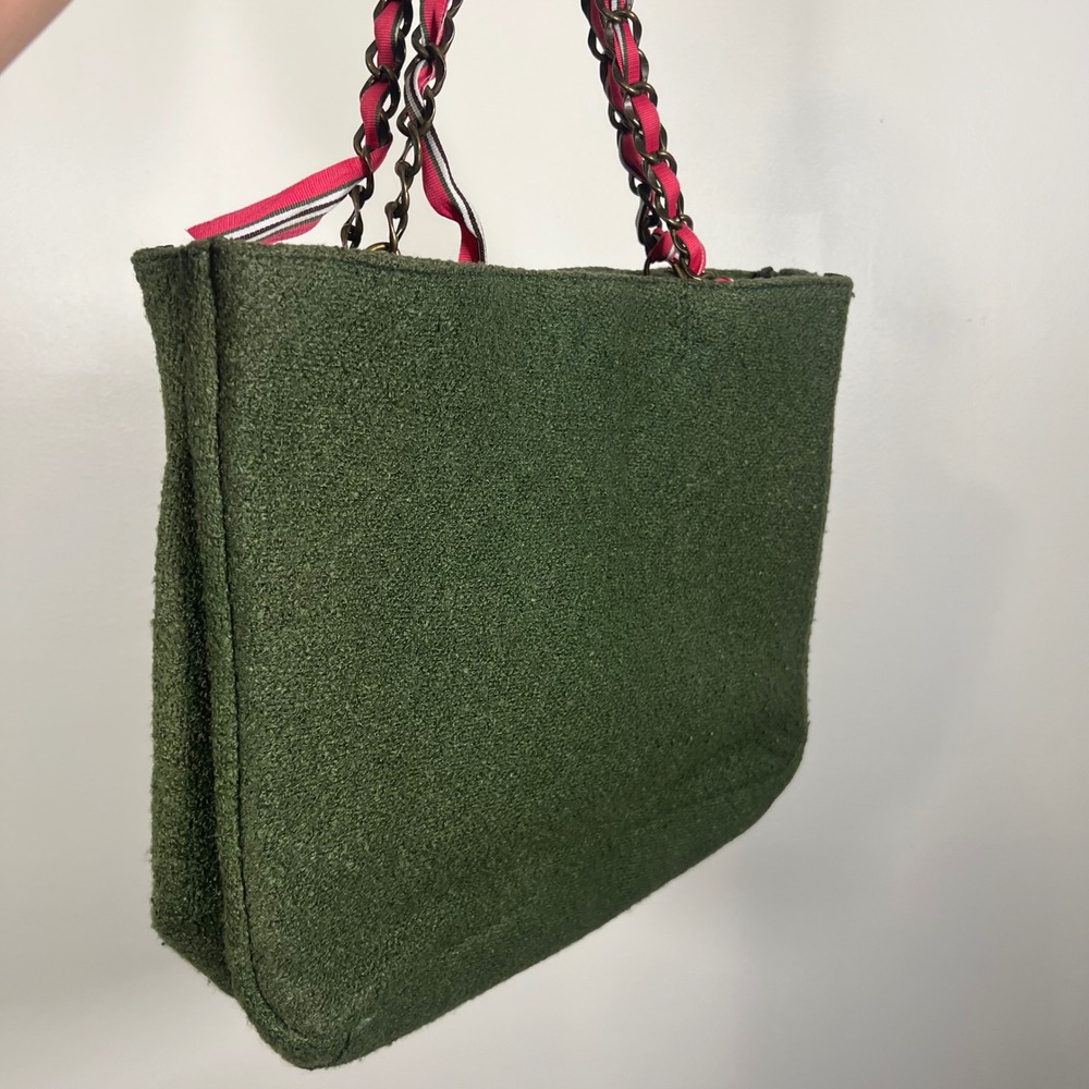Goldie Limited Edition 4 Olive Green Textured Tote Bag Pink Ribbon Chain Strap - Picture 2 of 9